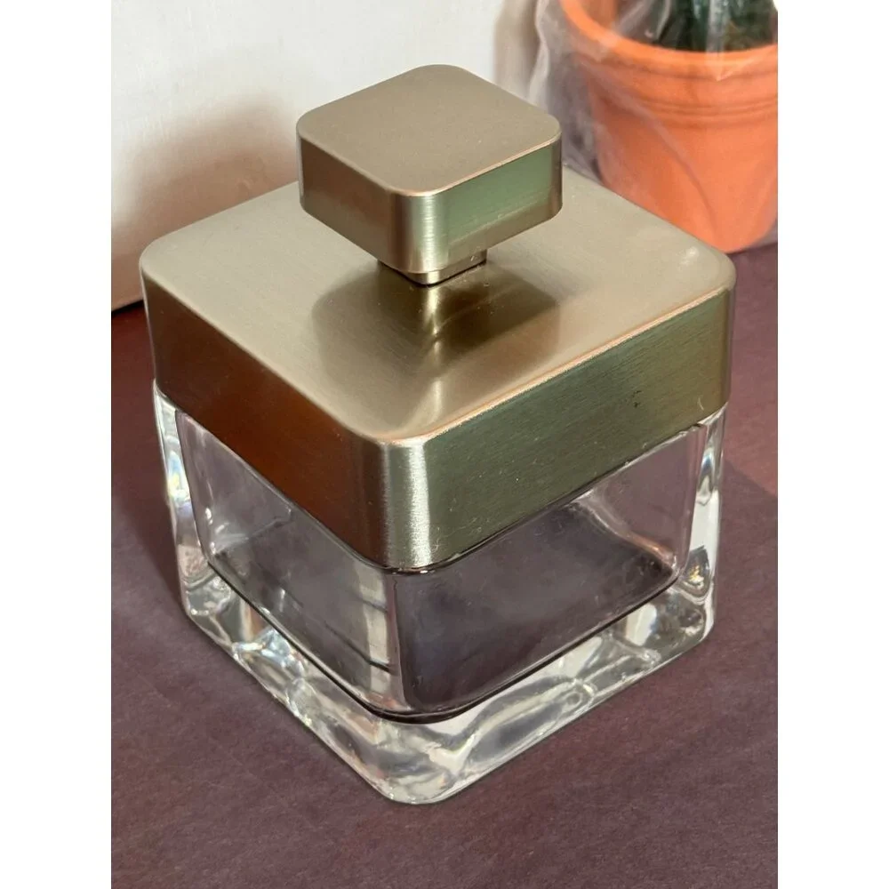 Square Thick Clear Glass Covered Storage Jar With Brushed Silver Lid